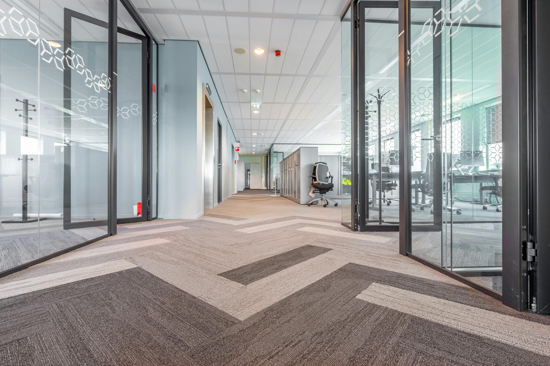 Couloir de bureau moderne, spacieux et lumineux, doté de cloisons vitrées et d'un design contemporain.